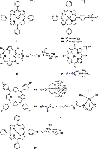 Figure 16. Porphyrin–gold, gadolinium, indium, and rhenium complexes 61–67.