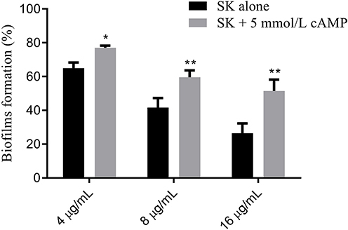 Figure 6 Exogenous cAMP reverts the inhibitory effect of SK on C. albicans SC5314 biofilms. Biofilm formation was evaluated by XTT reduction assay, and the results were presented as the percentage compared to the control biofilms formed without drug treatment.