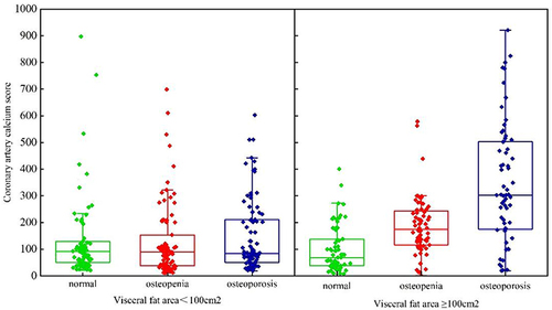Figure 5 Coronary artery calcium score distribution difference among normal, osteopenia and osteoporosis in visceral fat area <100cm2 and visceral fat area ≥100cm2 group.