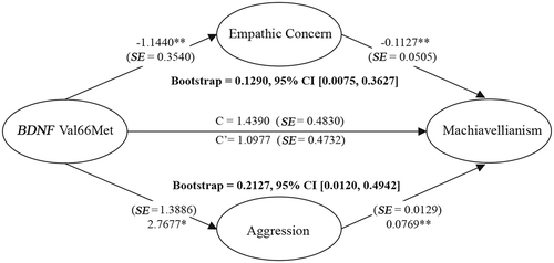 Figure 1. Mediations of empathic concern and aggression in the association between the BDNF Val66Met and Machiavellianism. Coefficients are derived from the equations: Y = cX + e1, M1 = a1X + e2, M2 = a2X + e3, Y = c’X + b1M1 + b2M2 + e4. Y: Machiavellianism; X: the genotype of the BDNF Val66Met (0 = Val/Val = 0, Met/Val &Met/Met = 1); M1: empathic concern, and M2: aggression; * p < 0.05 and **, p < 0.01