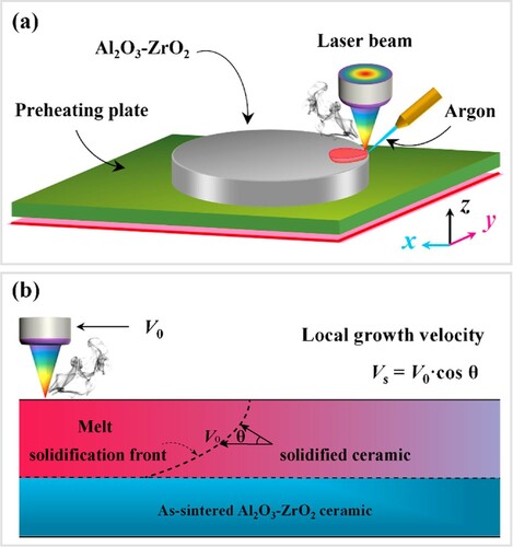 Figure 2. Schematic illustration of the laser surface melting setup and the solidification process for surface nanocrystallization of Al2O3–ZrO2 ceramic with eutectic composition [Citation21]: (a) the setup for laser surface melting, (b) the solidification process. Reproduced with permission from Ref. [Citation21], © Elsevier B.V. 2019.