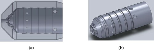 Figure 5. Geometry model of the combustor: (a) longitudinal combustion section; (b) combustion liner.