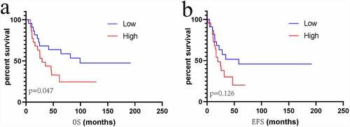 Figure 10. Kaplan–Meier analysis for event-free survival and overall survival in high – and low-risk patients with sarcoma derived from the GSE17674 dataset