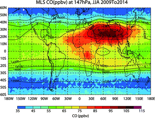 Figure 1. Summertime (June–July–August; JJA) distribution of the carbon monoxide (CO) concentration (color fill; units: ppbv) at 147 hPa during 2009–14, overlaid with the JJA-mean geopotential height at 150 hPa (contours; units: gpm). The geopotential height data are from the ERA-Interim data-set.