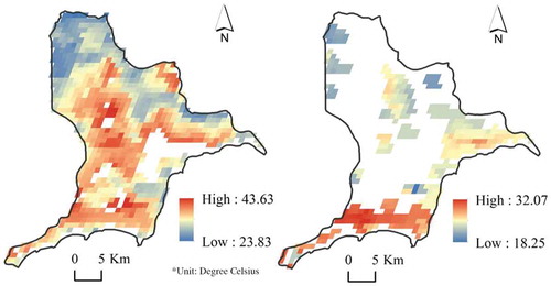 Figure 4. MODIS surface temperature captured on 03/22/2015, and 11/01/2015. The white color inside the border shows gaps due to missing pixels of composite products. Figure 4 should be shown in section 3.5. MODIS data processing