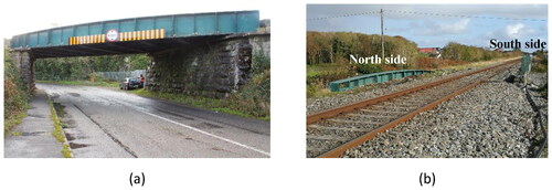 Figure 8. The Oranmore Bridge: (a) North side from the South; (b) top of the bridge from the West.