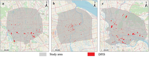 Figure 7. Spatial distribution of densely populated-informal settlements (DPISs) in the study areas: (a) Beijing, (b) Shanghai, and (c) Guangzhou. The background of the map is from Gaode map (https://www.amap.com/).