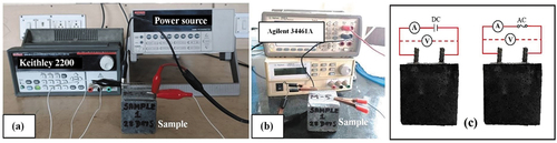 Figure 7. Experimental setup for measuring electrical resistance a) DC method b) AC method c) schematic illustration of DC & AC circuit.