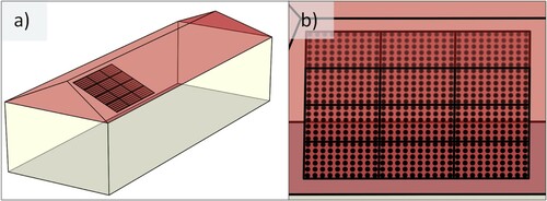 Figure 23. (a) 3D model geometry of the case study building with the PV system on it. (b) The PV system with the irradiance sensor points generated for each PV cell.