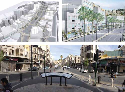 Figure 7. King Faisal I Plaza: (Above) Architect’s renderings (notes: courtesy of Turath Consultants), and, (below) a view showing street and commemorative explanatory plaque, June 2016 (notes: author’s collection).