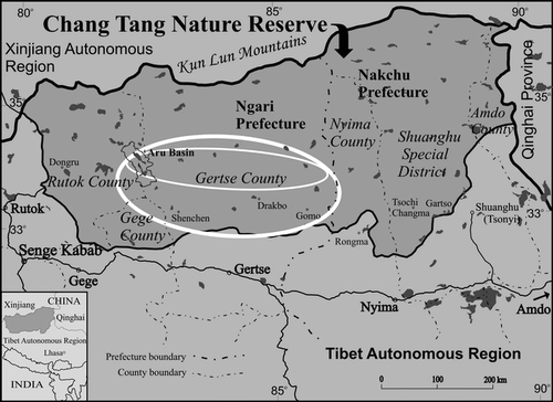 Figure 1 The Chang Tang Nature Reserve in northwestern Tibet Autonomous Region. The large oval indicates the general region surveyed, and the smaller oval the area with most trapping locations.