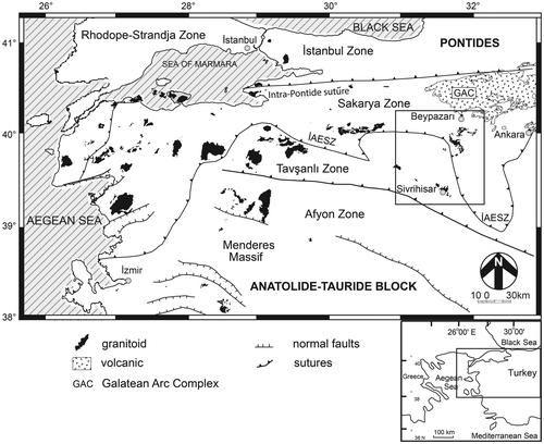 Figure 1. Simplified map of major structures and locations of plutons in western Turkey (Okay, Citation2008; Şenel & Aydal, Citation2000). The Beypazarı and Sivrihisar plutons are shown in the black box. The GAC is north of Beypazarı (Keller et al., Citation1992).