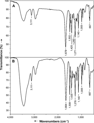 Figure 7 Fourier transform infrared spectra for the starting poly (VT-co-VP) (A) and nanocomposite (B).Abbreviation: poly (VT-co-VP), copolymer of 1-vinyl-1,2,4-triazole and N-vinylpyrrolidone.