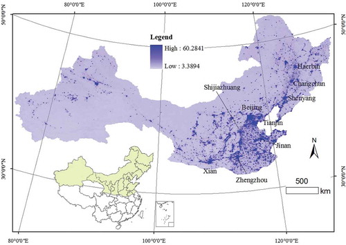 Figure 1. Map of North China showing the digital number (DN) distribution in 2010. For full colour versions of the figures in this paper, please see the online version.