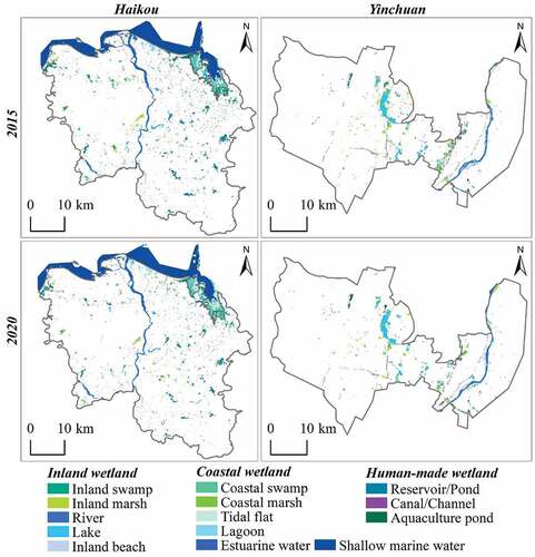 Figure 8. Detailed wetland type maps of Haikou and Yinchuan in 2015 and 2020.