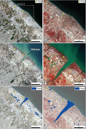 Figure 10. Satellite image showing the impact of Cyclone Shaheen at Wadi al Hawasinah. Documented forts are shown as yellow dots. A) Sentinel-2 pre-cyclone, true color image (dashed box indicates location of detailed view using Planetscope imagery). B) Sentinel-2 post-cyclone, true color image. C) Pre- vs. post-cyclone difference map of extracted water from Sentinel-2 images. D) Planetscope pre-cyclone, false color infra-red image (vegetation = red). E) Planetscope post-cyclone, false color infra-red image. F) Pre- vs. post-cyclone difference map of extracted water from Planetscope images.