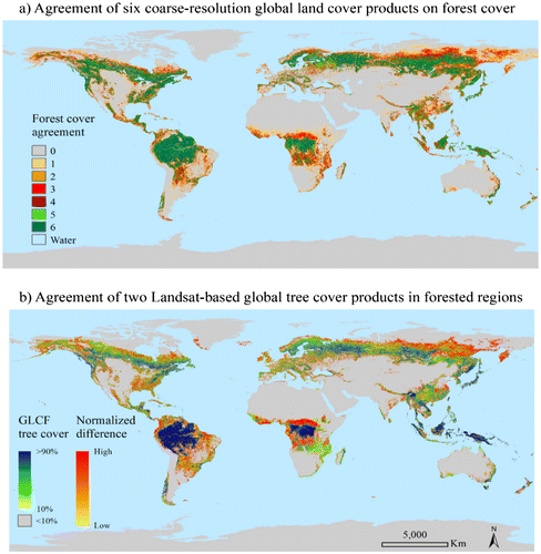 Figure 1. Highlighting the agreement and disagreement of existing coarse resolution (250 m−1 km) and fine resolution (30 m) land cover products for forest/tree cover characterization.