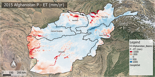 Figure 4. Annual scale values of P – ET in Afghanistan during 2015.