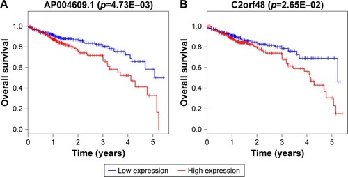 Figure 6 Kaplan–Meier survival curves for the two DElncRNAs significantly associated with overall survival of CRC patients. Note: Kaplan–Meier survival curves for (A) AP004609.1 and (B) C2orf48.