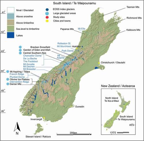 Figure 2. Map showing central Southern Alps of the South Island, Aotearoa/New Zealand, with additional mountain ranges labeled. Snow crystal icons show large regions of present-day glaciation. Dark blue dots are the end of summer snow line index glaciers (n = 50) including potential locations for establishing Climate Monitoring Units (CMUs), indicated in light blue. Brewster Glacier and French Ridge are marked in red