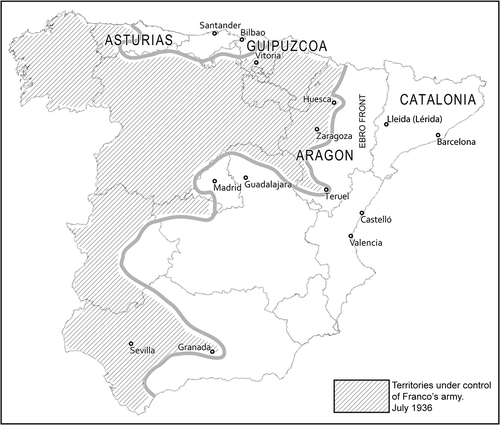 Fig. 1. Spain in July 1936, at the beginning of the Spanish Civil War, showing areas controlled by the Republican army and those held by General Franco's army. Madrid, with the Instituto Geográfico, the national mapping agency, remained in Republican hands until the end of the war in 1939. The unavailability of maps of Spain was a major logistic problem for the Francoist army.