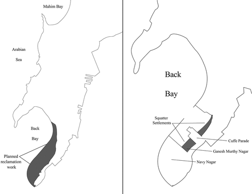 Figure 1. Showing planned reclamation work in 1922 and actual reclamations undertaken by 2010 including the location of Ganesh Murthy Nagar.