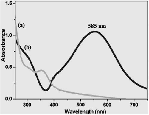 Figure 1. UV-visible spectra of A. noeanum extract (a) and biosynthesized Cu NPs (b).