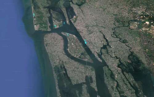 Google View of the Coast of Kochi. The approximate location of the islands is marked A. B is the location of the International Container Transshipment Terminal. The Willington Island where the Cochin Port Trust Ltd is marked C. D indicates the approximate location of the Cochin Shipyard Ltd. All along the coast, there are several such enterprises. Area around D is the main part of the city of Kochi. From D to A, i.e. the only connecting roadway is the Goshree bridge, marked by E. Source: Google Earth, accessed August 12, 2020.