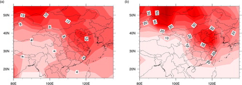 Fig. 9 Climatological mean (a) and variance (b) of the transit count for wintertime anticyclones from 1948–2007. The contour intervals are two in (a) and five in (b).