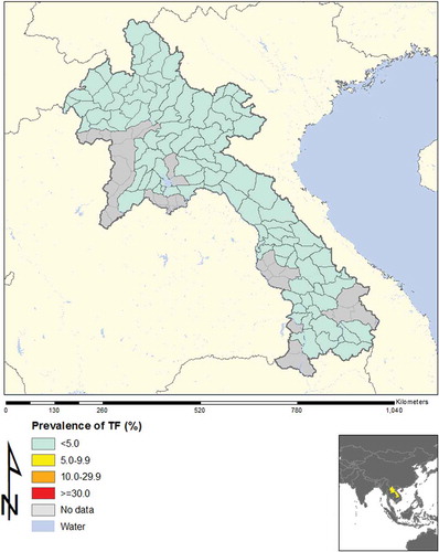 Figure 1. Prevalence of trachomatous inflammation – follicular (TF), Lao People’s Democratic Republic, 2013–2014.