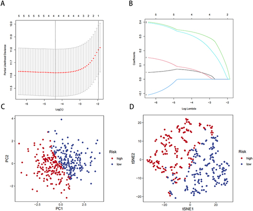 Figure 3 Construction of our risk model based on NMD-related genes in the TCGA-LIHC cohort. (A) LASSO regression of four OS-related genes. (B) Cross-validation for tuning parameter selection in LASSO regression. (C) PCA of our risk model. (D) tSNE analysis of our risk model.
