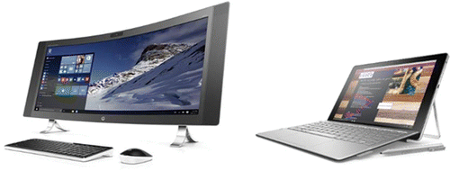Figure 7. Examples of commercially available computers with embedded RealSense technologies. Left: an interactive all-in-one desktop computer, right: a 2-in-1 laptop/tablet device.
