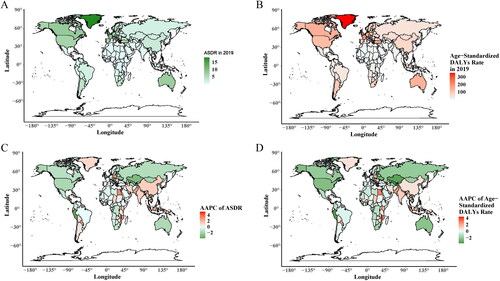Figure 3. The spatial distribution of ASDR and age-standardized DALYs rate in TBL cancer attributable to occupational carcinogens in 2019, and their AAPC among 204 countries and territories. (A) ASDR in 2019; (B) Age-standardized DALYs rate in 2019; (C)AAPC of ASDR; (D) AAPC of age-standardized DALYs rate.