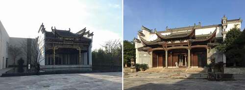Figure 2. Theatre stage (left) and Ancestral Hall (right) in the entrance courtyard of Ahn Luh Zhujiajiao.