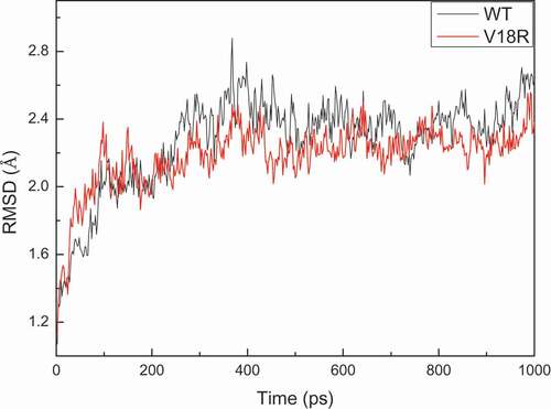 Figure 5. RMSD plot of all atoms of complex models for wild-type UGT88A1 and mutant V18R.