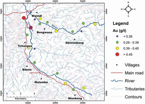 Figure 3. Graduated symbol plot for visible Au by panning and weighing technique (g/t) superimposed on the drainage map of the Tchangue – Bikoui drainage area, South Cameroon. Large red bubbles indicate locations with elevated Au content.