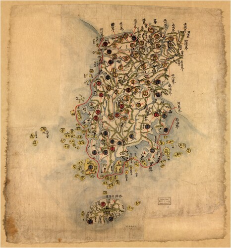 Fig. 2. Manuscript map of Kangwŏn Province from an anonymous, untitled atlas, eighteenth or nineteenth century, Library of Congress, Geography and Map Division, G2330 .T6 176-. 67 × 47 cm. One single red line surrounds the coast of Kangwŏn province, passing between several islands off the coast. Cheju island is depicted in the south. A note mentions that the sea route to it measures 700 ri but the island is not graphically connected to the mainland with a line. Image in the public domain, courtesy of the LOC.