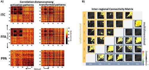 Figure 7. Examples of multidimensional connectivity results. (A) Representational dissimilarity matrices for fMRI patterns for pictures of objects. Every element within these matrices reflects the dissimilarity between patterns for two individual pictures (on the diagonal for identical pictures). Left panels: dissimilarity (correlation distance) among the multivariate fMRI activation patterns for inferior temporal cortex (ITC), fusiform face area (FFA) and parahippocampal place area (PPA). Right panels: Same as on the left, but here the multivariate patterns in ITC, FFA and PPA were estimated from linear transformations of patterns from early visual cortex (EVC). Some characteristic patterns of results in the left panels are also visible in the right panels, e.g. in the grey boxes for ITC and FFA that highlight dissimilarity values for face stimuli. Face stimuli do not pop out in the PPA. This shows that pattern transformations from EVC to higher-level areas capture stimulus-relevant information. This figure was published as Figure 5 in Basti et al. (Citation2019) (PLOS, Open Access). (B) Inter-regional Connectivity Matrix (ICM) for EEG/MEG source estimates for unidimensional (top left) and multidimensional (bottom right) connectivity. Shown is the statistical contrast between two word recognition tasks with different semantic processing depths. Each smaller matrix represents a Temporal Transformation Matrix (TTM), i.e. the explained variance for linear transformations of patterns across two regions (x- and y-axes of larger ICM, respectively) and two latencies (x- and y-axes of TTMs, respectively). The multidimensional method produces more statistically significant connectivity (in yellow) than its unidimensional counterpart. This figure was published as Figure 8 in Rahimi et al. (Citation2023) (Elsevier, Open Access).