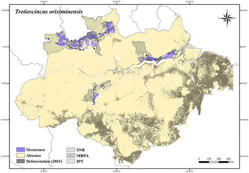 Figure 66. Occurrence area and records of Tretioscincus oriximinensis in the Brazilian Amazonia, showing the overlap with protected and deforested areas.