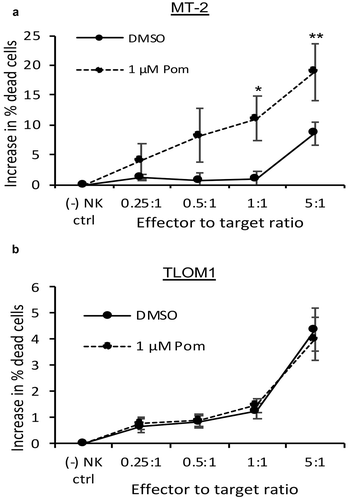 Figure 3. Pom increases NK cell-mediated cytotoxicity against MT-2 HTLV-1-producing cells but not of TLOM1 HTLV-1 nonproducing cells. MT-2 cells (A) or TLOM1 cells (B) were treated with DMSO control or 1 µM Pom for 5 days and then assayed for NK cell-mediated cytotoxicity using YTS effector cells with effector-to-target ratios ranging from 0.25:1 to 5:1. The data represent the average of 3 independent experiments ± the standard deviation. Asterisks indicate p values as follows compared with the DMSO control: * p < 0.05, ** p < 0.01. In these experiments, expression of B7-2 increased from 2.9–3.6 fold in MT-2 cells treated for 5 days with 1 µM Pom but was not increased in TLOM-1 cells.
