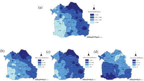 Figure 1. Spatial maps for annual rainfall (a), and seasonal rainfall for early (b), middle (c) and late season (d) in Northeast Thailand.