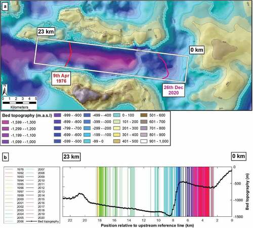 Figure 9. Basal topography of Nunatakassaap Sermia (NS). (a) Topography beneath NS and within its fjord, determined from BedMachine v3 (Morlighem et al. Citation2017). Contour interval is 200 m. White box indicates the extent of the reference box used to digitize terminus positions, and the terminus locations are marked for the earliest (9 April 1976; red) and latest (26 December 2020; pink) frontal positions available during the study period. (b) Location of NS’s terminus through time, relative to the upstream end of the reference box. Frontal positions are color-coded by year. Bed topography (black line) along the center of the reference box.