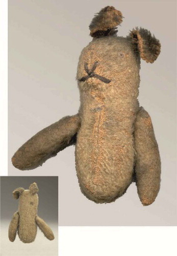 Figure 1. The Rogers teddy bear, CWM 20040015-001, Canadian War Museum (Length 12.2 cm, Width 9.0 cm, Depth 3.0 cm) produced 1910–1915. Insert: Rear view.