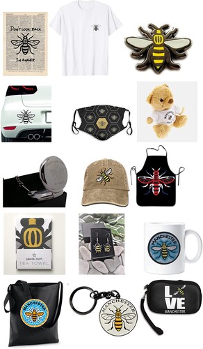 Figure 3. Appropriation of the Manchester Bee icon since the 2017 terrorist attack. From Top and Left to Right: ‘Don’t Look Back in Anger’ Dictionary Art Print with Vintage Manchester Bee Quote/Manchester Bee T-shirt/Manchester Emanuel Badge/Manchester Vinyl Car Sticker/Manchester Bee Face Mask/Manchester Bee Teddy Bear/Manchester Bee Pocket Watch/Manchester Bee Unisex Cowboy Cap/Manchester Bee Chef apron/Manchester Bee tea towel/Manchester Bee earrings/Manchester Bee mug/Manchester Bee tote bag/Manchester Bee keyring/Love Manchester Bee Zipper handbag. Source: Amazon, 2020.