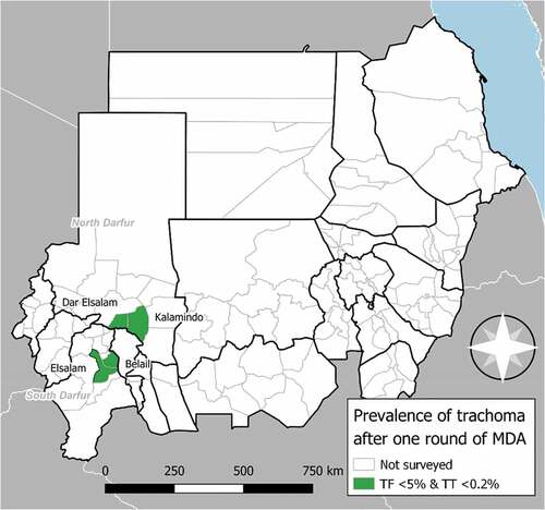 Figure 2. Prevalence of trachomatous inflammation – follicular (TF) in 1–9-year-olds and trachomatous trichiasis (TT) unknown to the health system in ≥15-year-olds in four evaluation units of Sudan. A single round of azithromycin mass drug administration (MDA) took place in these localities in 2017 and the surveys were completed in December 2018–January 2019. The boundaries and names shown and the designations used on this map do not imply the expression of any opinion whatsoever on the part of the authors, or the institutions with which they are affiliated, concerning the legal status of any country, territory, city or area or of its authorities, or concerning the delimitation of its frontiers or boundaries.