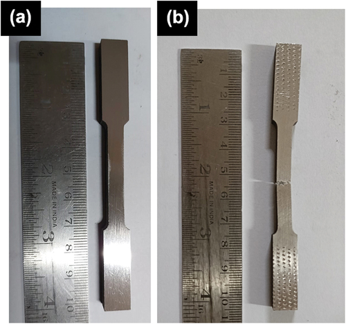 Figure 2. Tensile test specimen cut from the FSP region (a) before the test and (b) after the test.