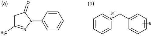 Figure 1. The two moieties combined to synthesise the novel MTDLs in this study. (a) Edaravone. (b) R-substituted N-benzyl pyridinium.