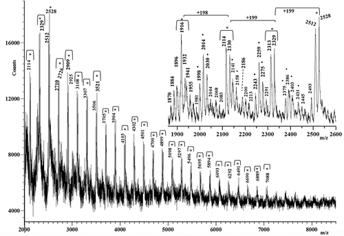 Figure 4. Matrix-assisted laser desorption/ionization time-of-flight (MALDI-TOF) mass spectrum of the M silk. Peaks spaced at 198 Da, 199 Da and 215 Da are labeled with the symbol *, whereas those spaced at 231 Da and 245 Da are marked with the symbol •.