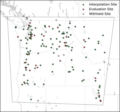 Figure 1. The AIRPACT forecast domain showing available AirNow PM2.5 monitoring sites. Symbols: green, used for interpolation of bias; and red, used for evaluation of the interpolated bias. The open symbols along with the green and red symbols are the sites used for the operational KF bias correction system