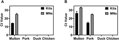 Figure 10. Application of the microneedle patches and commercial kit extraction methods for analysing commercial samples (A-B) Comparison of Ct values of the two detection methods in commercial lamb roll samples.